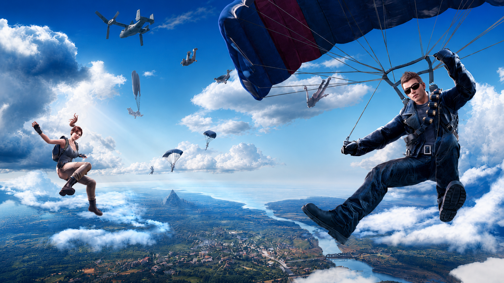 Rules of Survival: Origin key art — players parachuting onto the battle royale island